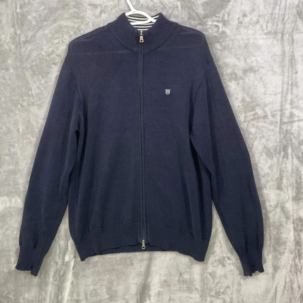 Hackett London Full Zip Cardigan All Cotton Knit Navy Men's Size L Made in Italy
